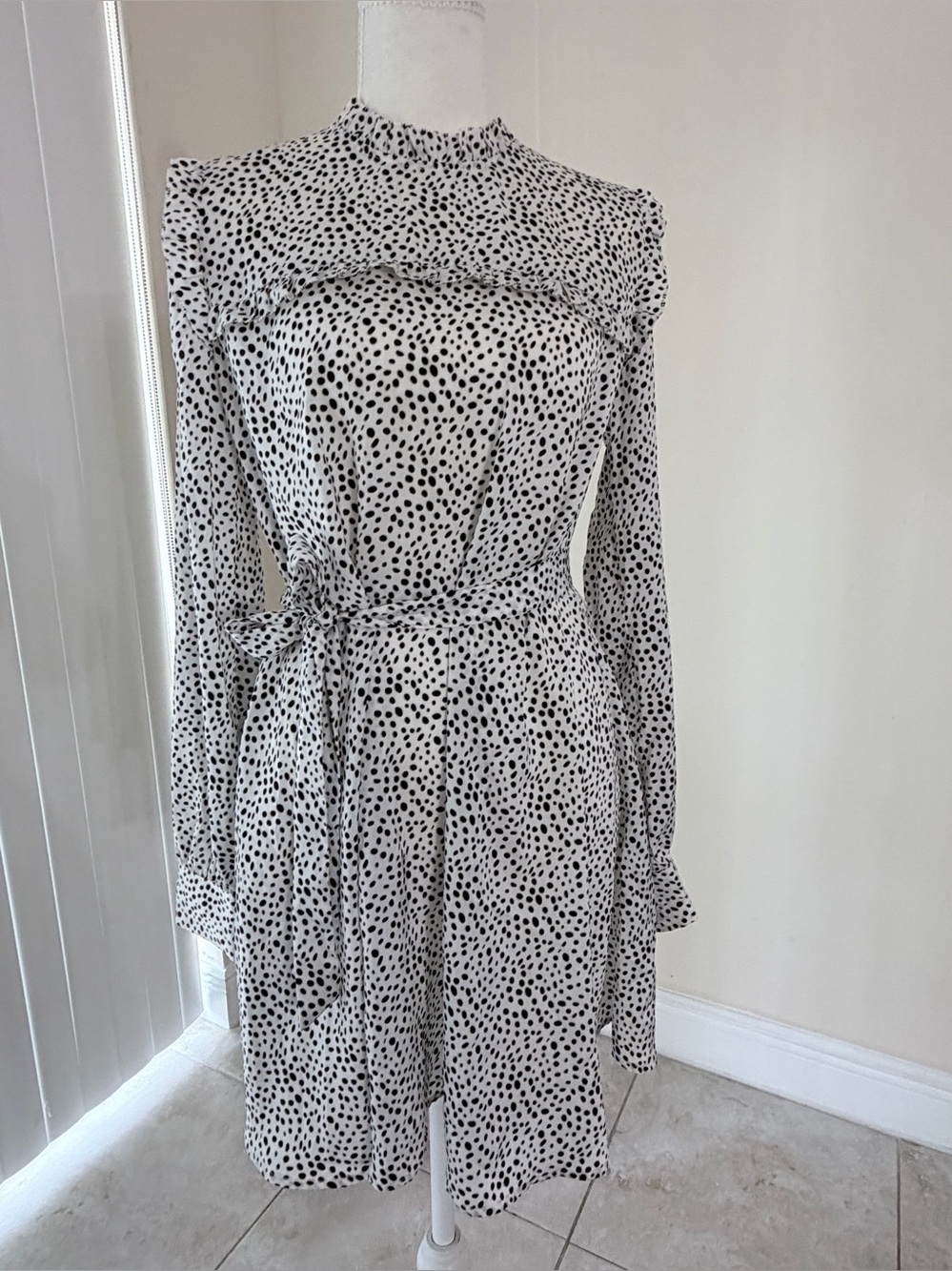 Avec Les Filles Black and White Polka Dot Long Sleeve Dress